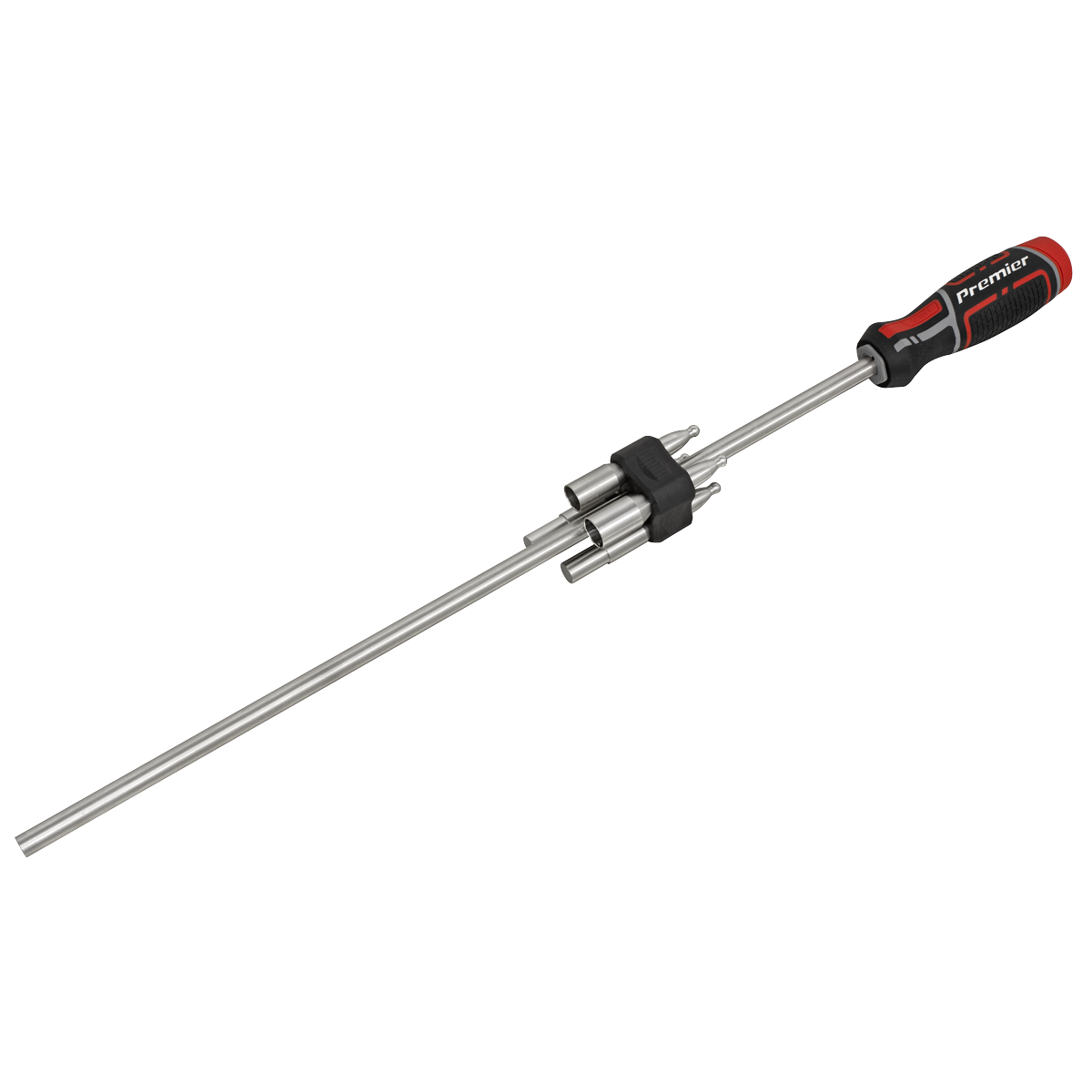 The WheelEazy™ Wheel Fitting & Alignment Tool - AK7500 from Sealey features a metal pry bar with a stainless steel black and red handle and an adjustable clamp mechanism in the middle.