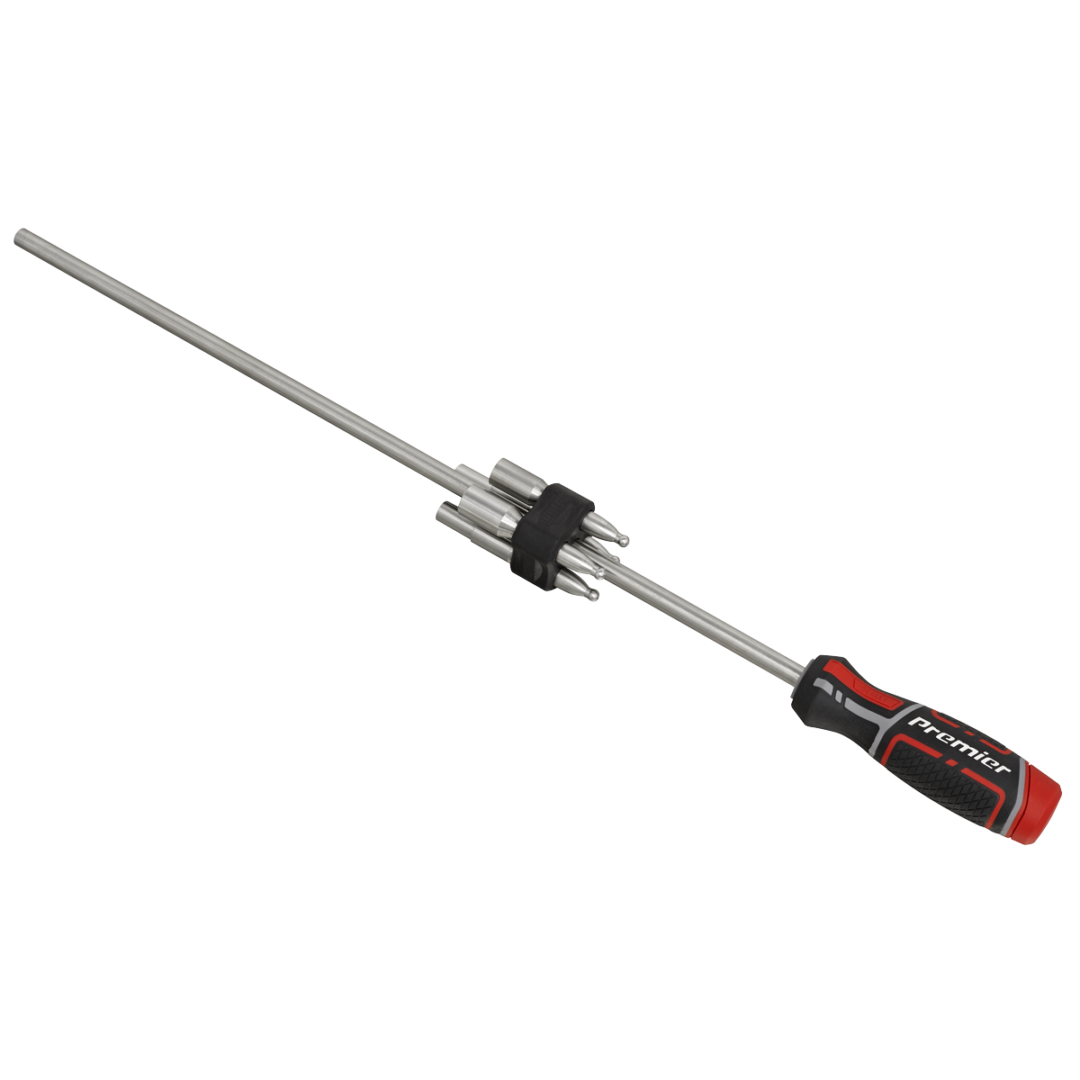 The WheelEazy™ Wheel Fitting & Alignment Tool - AK7500 by Sealey features a stainless steel rod with a black and red handle, along with several smaller rods attached to the center via a black clamp.