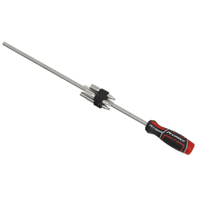 The WheelEazy™ Wheel Fitting & Alignment Tool - AK7500 by Sealey features a stainless steel rod with a black and red handle, along with several smaller rods attached to the center via a black clamp.