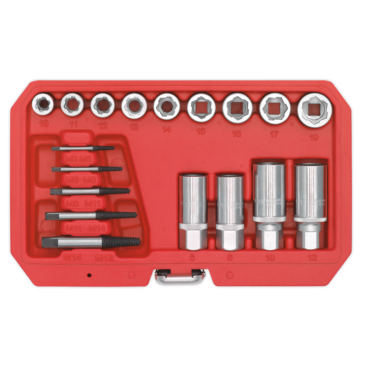 A Sealey Bolt, Stud & Screw Extractor Set 18pc - AK751 in a red plastic case, featuring metallic hex sockets, drill bits, and screw and bolt extractors neatly organized in designated slots.