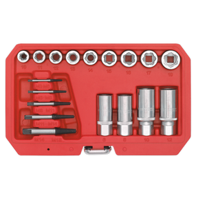 A Sealey Bolt, Stud & Screw Extractor Set 18pc - AK751 in a red plastic case, featuring metallic hex sockets, drill bits, and screw and bolt extractors neatly organized in designated slots.