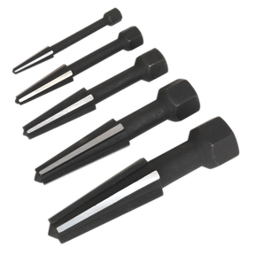 A set of five step drill bits, branded as the Sealey Screw Extractor Set 5pc Double Edge - AK752, comes in black and features double-edged cutting for efficient drilling along with non-slip engagement for secure handling.
