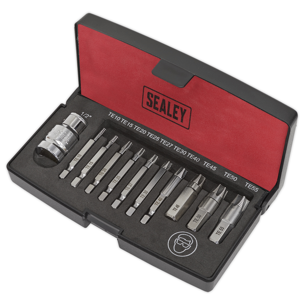 A Sealey TRX-Star* Fitting Extractor Set 11pc, featuring various sizes of Torx bits and a bit holder, all crafted from durable S2 steel, neatly arranged in a black and red container. Ideal for use with a cordless drill or screw extractor.