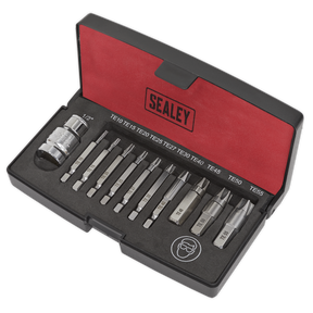A Sealey TRX-Star* Fitting Extractor Set 11pc, featuring various sizes of Torx bits and a bit holder, all crafted from durable S2 steel, neatly arranged in a black and red container. Ideal for use with a cordless drill or screw extractor.