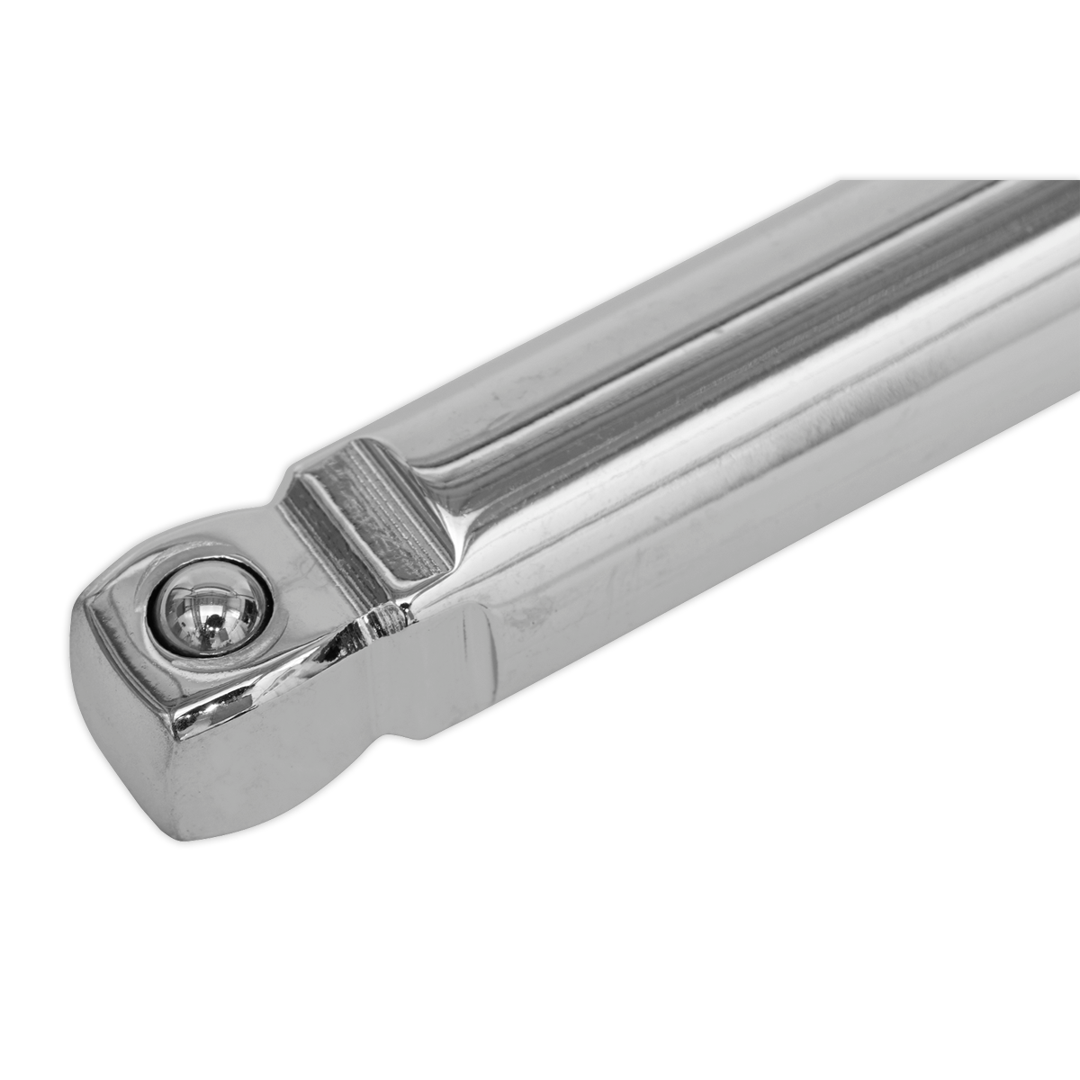 Close-up of a Sealey Premier Hand Tools Wobble/Rigid Extension Bar Set 3pc 3/8"Sq Drive (AK763) metallic tool with a rounded end and a small circular indentation, featuring reflective, polished surfaces and angular edges, expertly crafted from Chrome Vanadium steel for professional use.