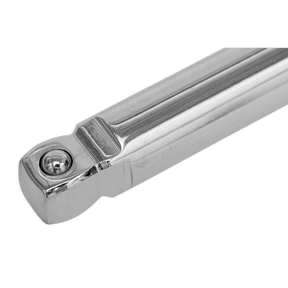 Close-up of a Sealey Premier Hand Tools Wobble/Rigid Extension Bar Set 3pc 3/8"Sq Drive (AK763) metallic tool with a rounded end and a small circular indentation, featuring reflective, polished surfaces and angular edges, expertly crafted from Chrome Vanadium steel for professional use.