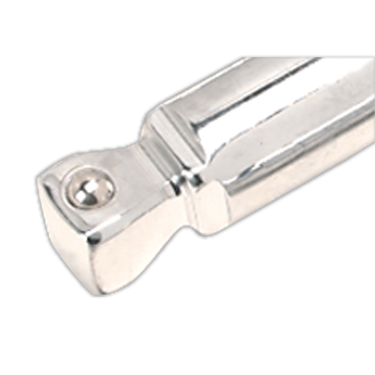 Close-up view of a rectangular arm bracket with a rounded end and screw hole, made from Chrome Vanadium steel, from the Wobble Extension Bar Set 5pc 1/4"Sq Drive - AK766 by Sealey.