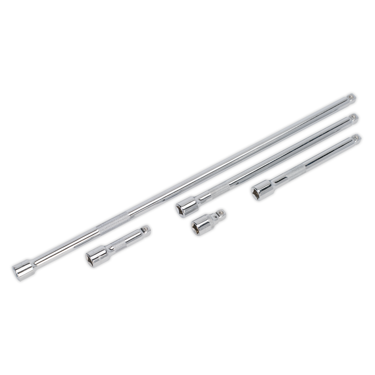 A row of five Sealey Wobble Extension Bars, model AK767, crafted from durable Chrome Vanadium steel shafts and arranged on a white background. These 3/8" square drive extensions come with a lifetime guarantee for reliable performance.