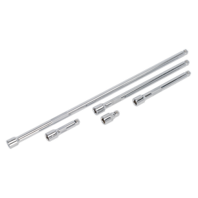 A row of five Sealey Wobble Extension Bars, model AK767, crafted from durable Chrome Vanadium steel shafts and arranged on a white background. These 3/8" square drive extensions come with a lifetime guarantee for reliable performance.