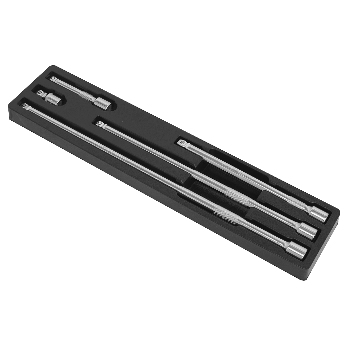 A set of three long, cylindrical metallic rods and two smaller adapters, meticulously crafted from Chrome Vanadium steel for superior durability – all neatly arranged in a black storage tray. This Wobble Extension Bar Set 5pc 1/2"Sq Drive (AK768) from Sealey comes with a lifetime guarantee.