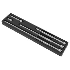 A set of three long, cylindrical metallic rods and two smaller adapters, meticulously crafted from Chrome Vanadium steel for superior durability – all neatly arranged in a black storage tray. This Wobble Extension Bar Set 5pc 1/2"Sq Drive (AK768) from Sealey comes with a lifetime guarantee.