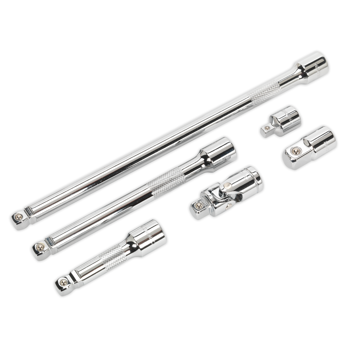 A set of six Sealey Wobble/Rigid Extension Bar, Adaptor & Universal Joint 3/8" Square Drive - AK7690 components, arranged on a white background.