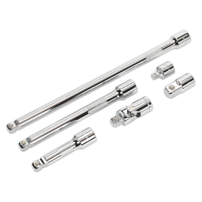A set of six Sealey Wobble/Rigid Extension Bar, Adaptor & Universal Joint 3/8" Square Drive - AK7690 components, arranged on a white background.