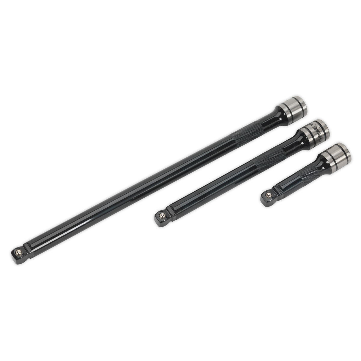 Three black extension bars of varying sizes from the Sealey Wobble/Rigid Extension Bar Set 3pc 3/8"Sq Drive Black Series are aligned horizontally.