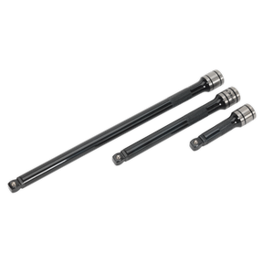 Three black extension bars of varying sizes from the Sealey Wobble/Rigid Extension Bar Set 3pc 3/8"Sq Drive Black Series are aligned horizontally.