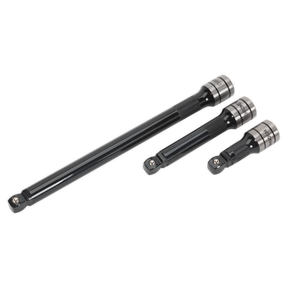 Three Sealey Wobble/Rigid Extension Bars of varying lengths are placed side by side, with the longest on the left and the shortest on the right, each featuring silver detailing near the head. Crafted from durable Chrome Vanadium steel and backed by a lifetime guarantee.