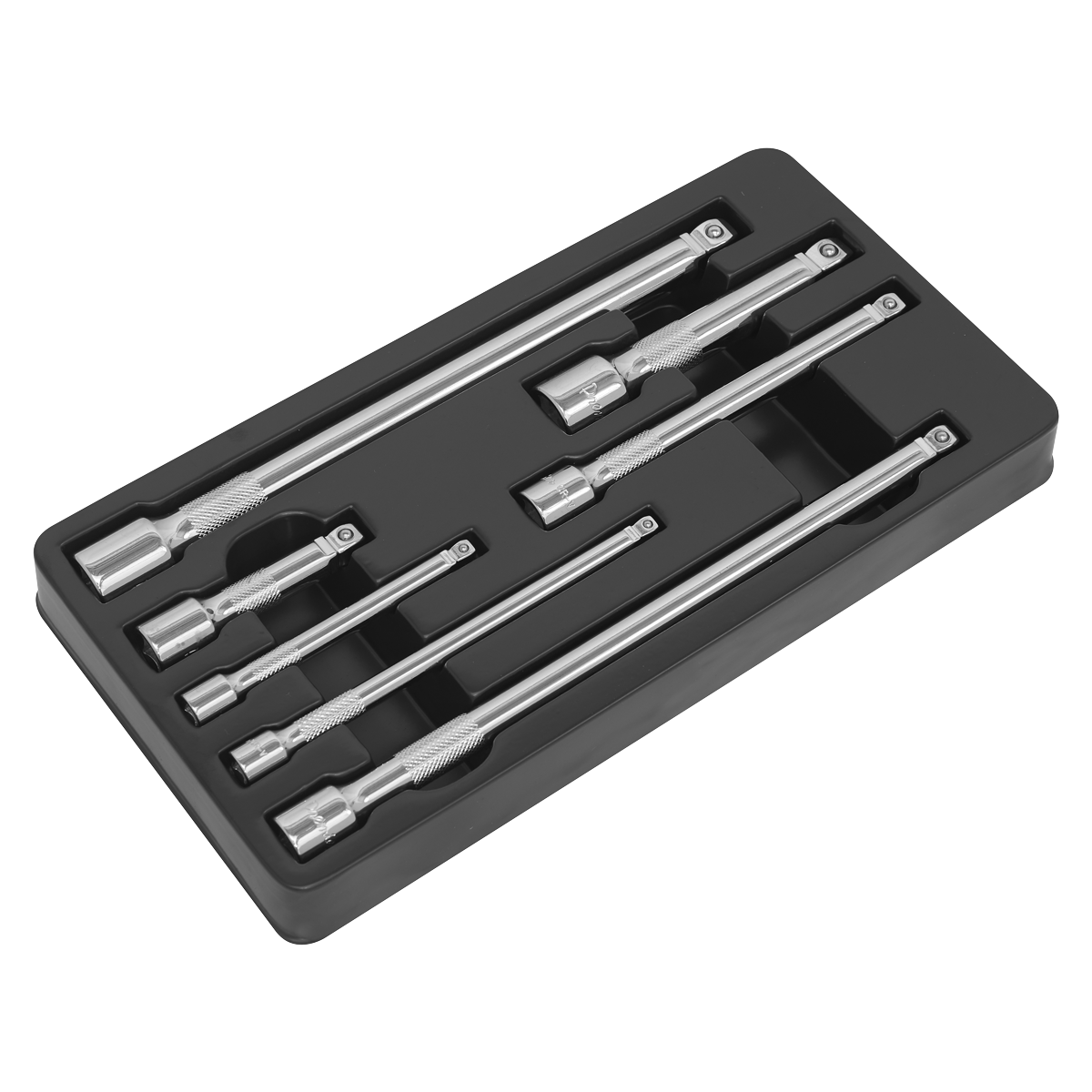 A set of Sealey Wobble/Rigid Extension Bars in various sizes (7 pieces: 1/4", 3/8" & 1/2" square drive), crafted from durable Chrome Vanadium steel, neatly arranged in a black plastic tray and backed by a lifetime guarantee. Model: AK770.