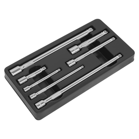 A set of Sealey Wobble/Rigid Extension Bars in various sizes (7 pieces: 1/4", 3/8" & 1/2" square drive), crafted from durable Chrome Vanadium steel, neatly arranged in a black plastic tray and backed by a lifetime guarantee. Model: AK770.