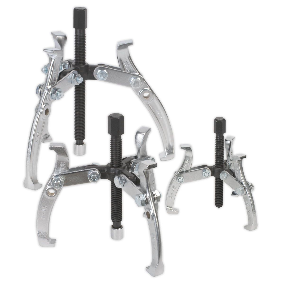 Three metal gear pullers of varying sizes, part of the Sealey Gear Reversible Puller Set 3pc Triple Leg - AK78, are arranged on a plain background. Each puller, crafted from drop-forged Chrome Vanadium steel, features adjustable arms and a central screw mechanism with hex head forcing screws.