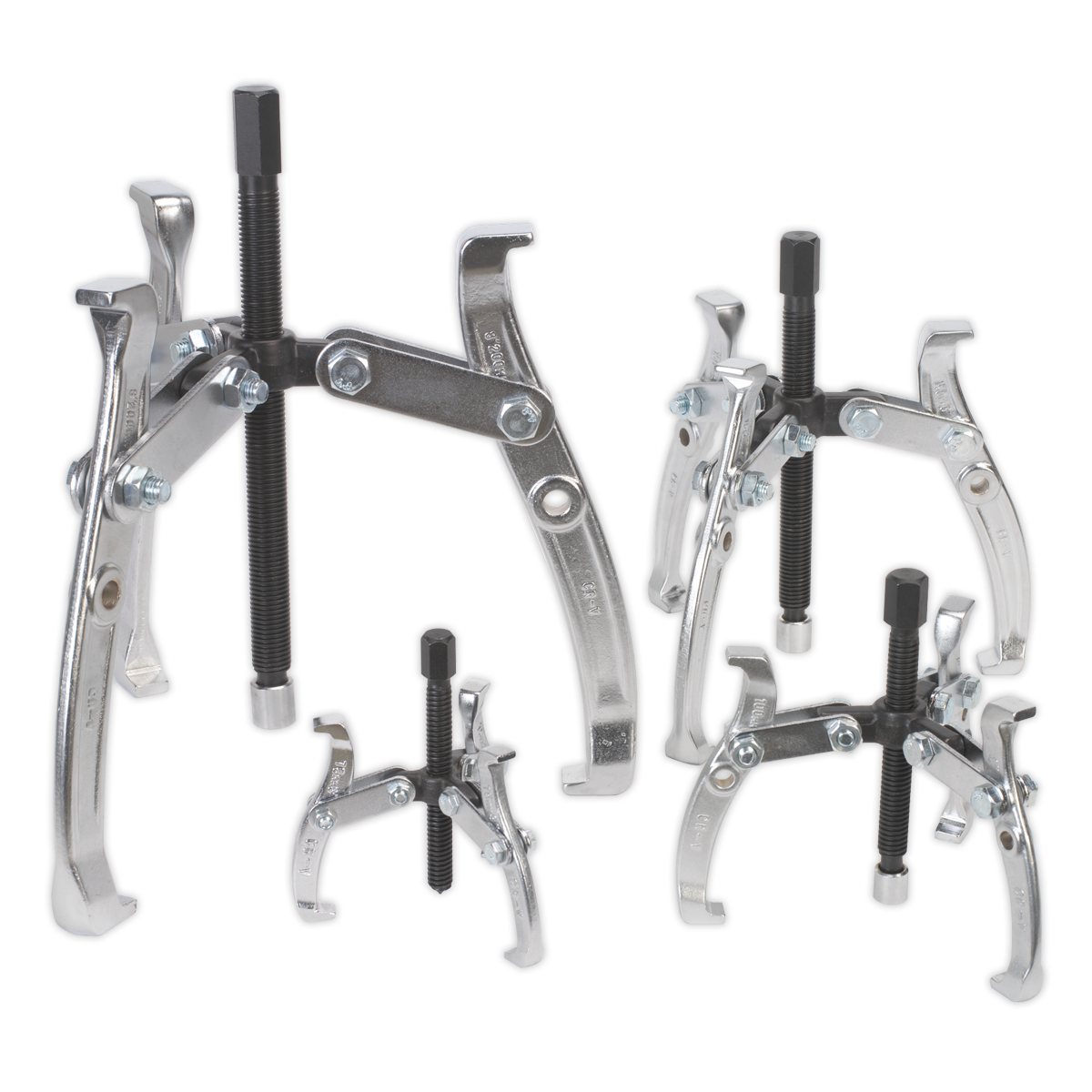 The Sealey Gear Reversible Puller Set 4pc Triple Leg - AK79 includes four different-sized gear pullers made of durable Chrome Vanadium steel, featuring reversible legs for versatile use in removing gears and bearings.