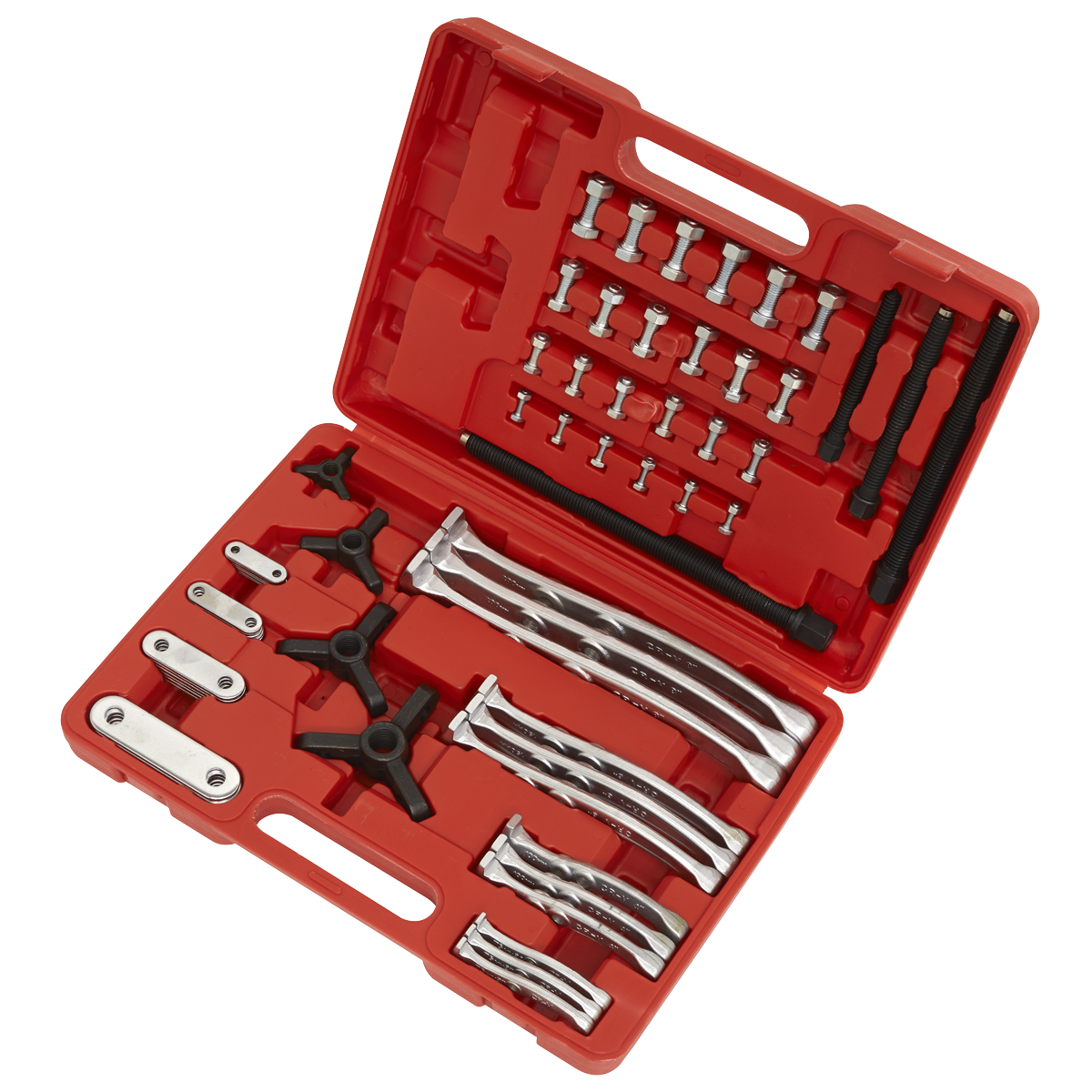 The Sealey Gear Reversible Puller Set 4pc Triple Leg - AK79 includes a red plastic toolbox equipped with various metal puller tools, such as drop-forged steel bars, screws, and connectors, neatly organized in compartments. The set also features robust reversible legs crafted from Chrome Vanadium for superior durability.