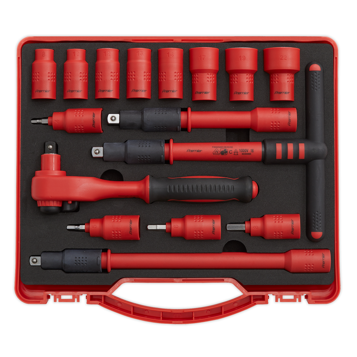 The Sealey Insulated Socket Set 16pc 3/8"Sq Drive 6pt WallDrive® VDE Approved (AK7940) includes a red and black fully insulated socket set in a red plastic case, featuring various sizes of Chrome Vanadium steel sockets, a 45-tooth ratchet wrench, a T-handle, and extension bars arranged neatly in foam padding.