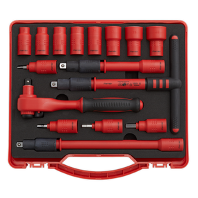 The Sealey Insulated Socket Set 16pc 3/8"Sq Drive 6pt WallDrive® VDE Approved (AK7940) includes a red and black fully insulated socket set in a red plastic case, featuring various sizes of Chrome Vanadium steel sockets, a 45-tooth ratchet wrench, a T-handle, and extension bars arranged neatly in foam padding.