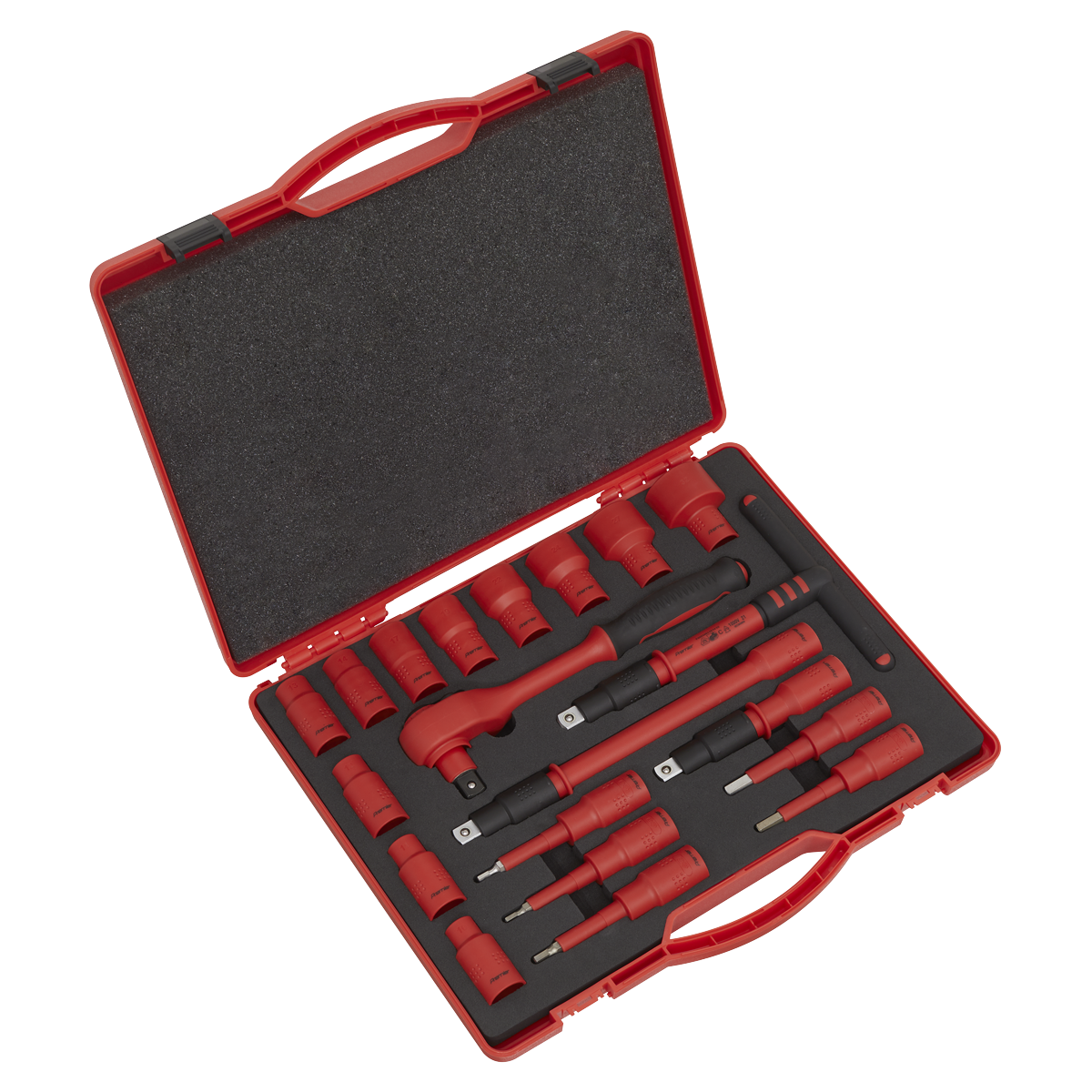 The Sealey Insulated Socket Set 20pc 1/2"Sq Drive WallDrive® VDE Approved - AK7941 comes in a red tool case with a black foam interior and includes various red and black socket wrenches and attachments crafted from durable Chrome Vanadium steel.