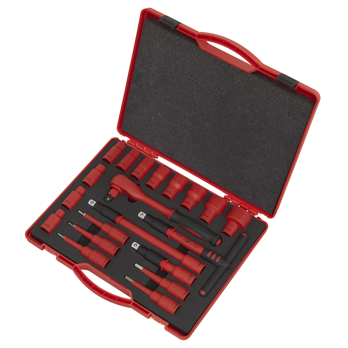 The Insulated Socket Set 20pc 1/2"Sq Drive WallDrive® VDE Approved - AK7941 by Sealey is a red toolbox containing various sizes of chrome vanadium steel socket wrenches, extensions, and related accessories organized in fitted slots.