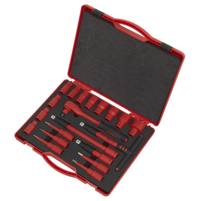 The Insulated Socket Set 20pc 1/2"Sq Drive WallDrive® VDE Approved - AK7941 by Sealey is a red toolbox containing various sizes of chrome vanadium steel socket wrenches, extensions, and related accessories organized in fitted slots.