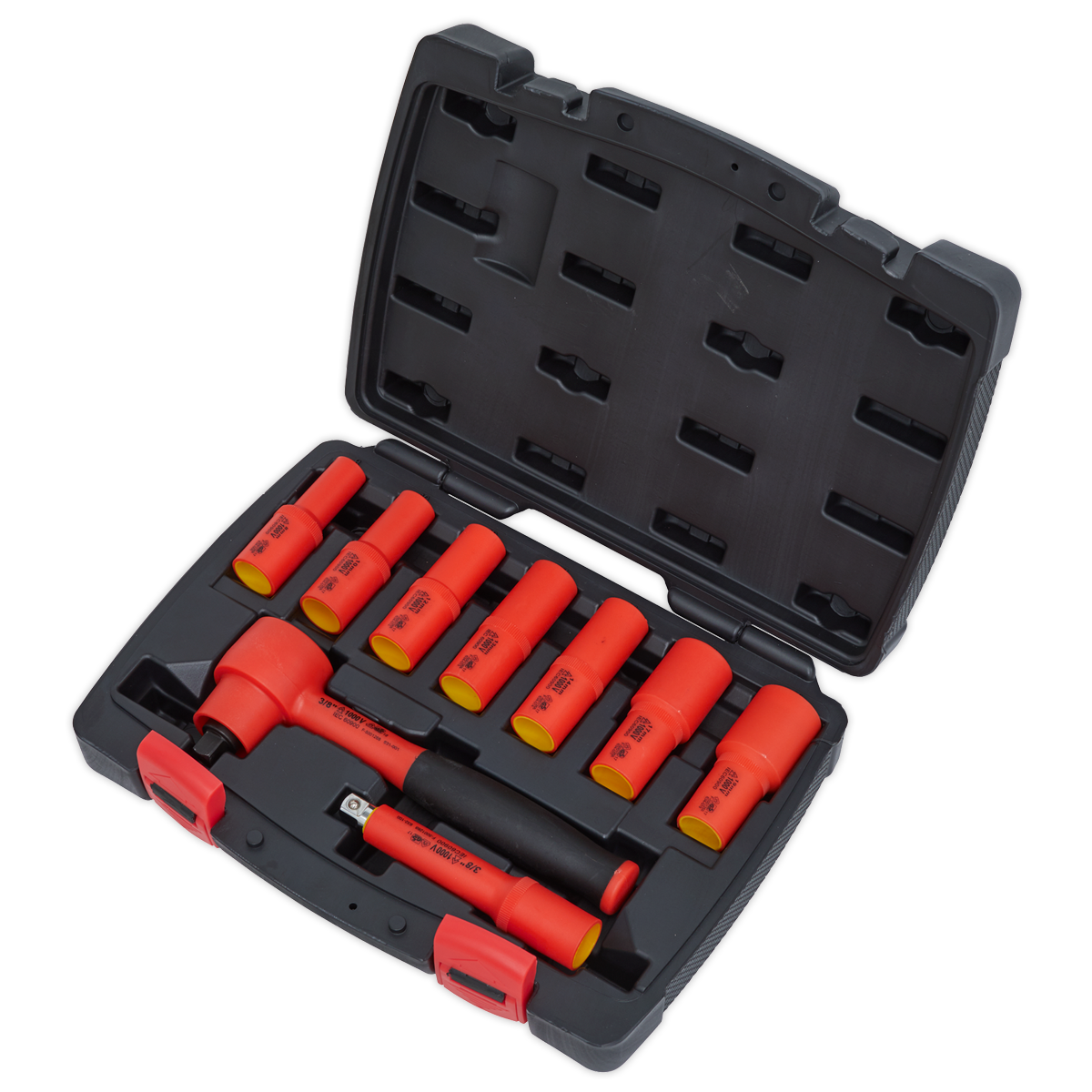 A Sealey Insulated Socket Set 9pc 3/8"Sq Drive 6pt WallDrive® VDE Approved (AK7942) in a black case, featuring professional hand tools with red insulated sockets and extensions that comply with VDE and EN 60900 standards, all neatly arranged inside.