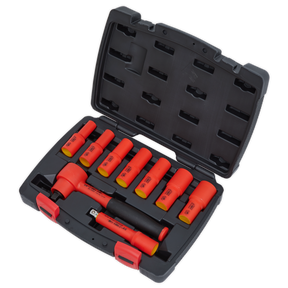 A Sealey Insulated Socket Set 9pc 3/8"Sq Drive 6pt WallDrive® VDE Approved (AK7942) in a black case, featuring professional hand tools with red insulated sockets and extensions that comply with VDE and EN 60900 standards, all neatly arranged inside.