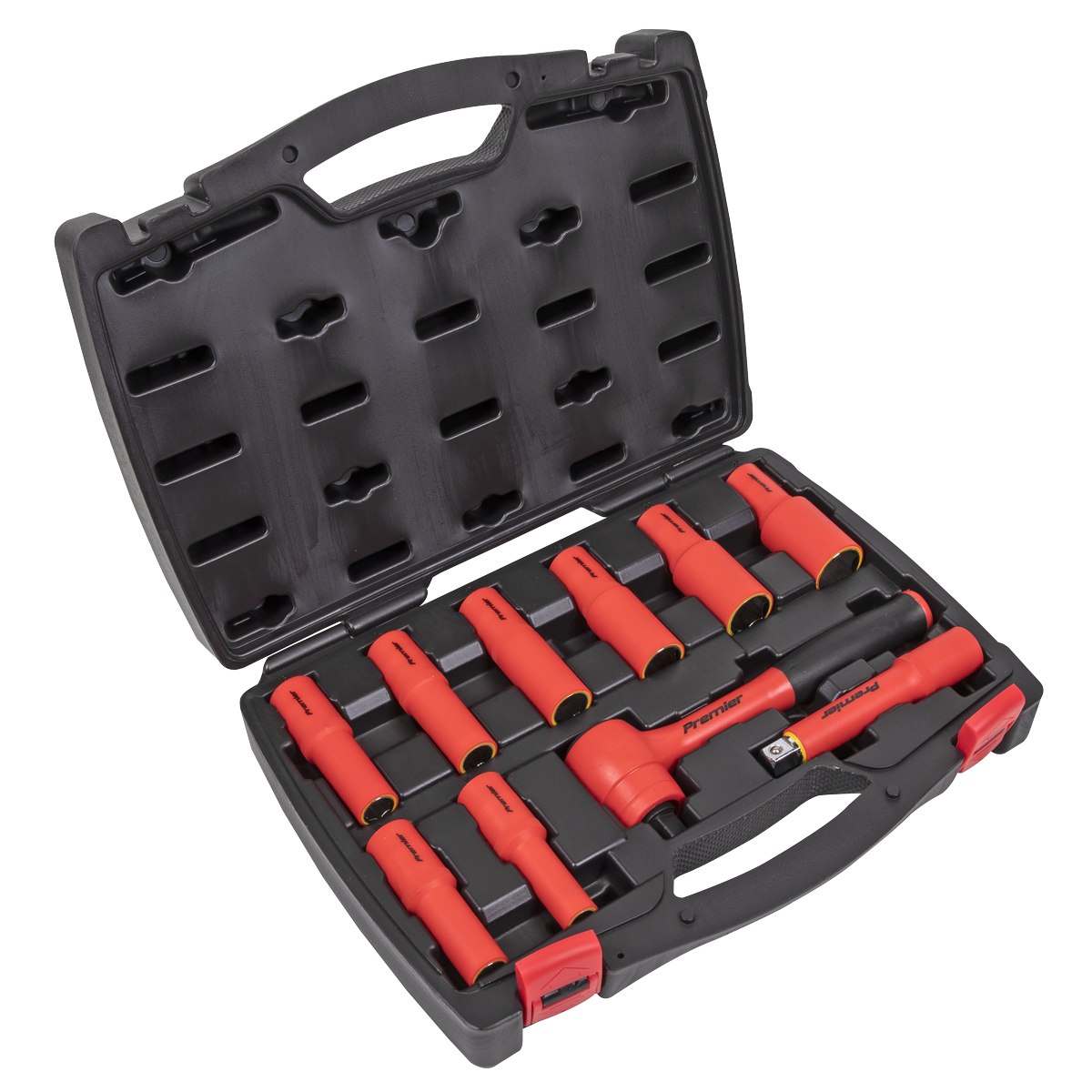 The Sealey Insulated Socket Set 10pc 1/2"Sq Drive 6pt WallDrive® VDE Approved - AK7943 is a top-tier portable hand tools case crafted from durable hard plastic. It includes red and black insulated hand tools, such as a ratchet wrench and insulated sockets, each item positioned in custom-tailored slots with a secure locking mechanism.