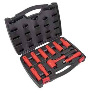 The Sealey Insulated Socket Set 10pc 1/2"Sq Drive 6pt WallDrive® VDE Approved - AK7943 is a top-tier portable hand tools case crafted from durable hard plastic. It includes red and black insulated hand tools, such as a ratchet wrench and insulated sockets, each item positioned in custom-tailored slots with a secure locking mechanism.