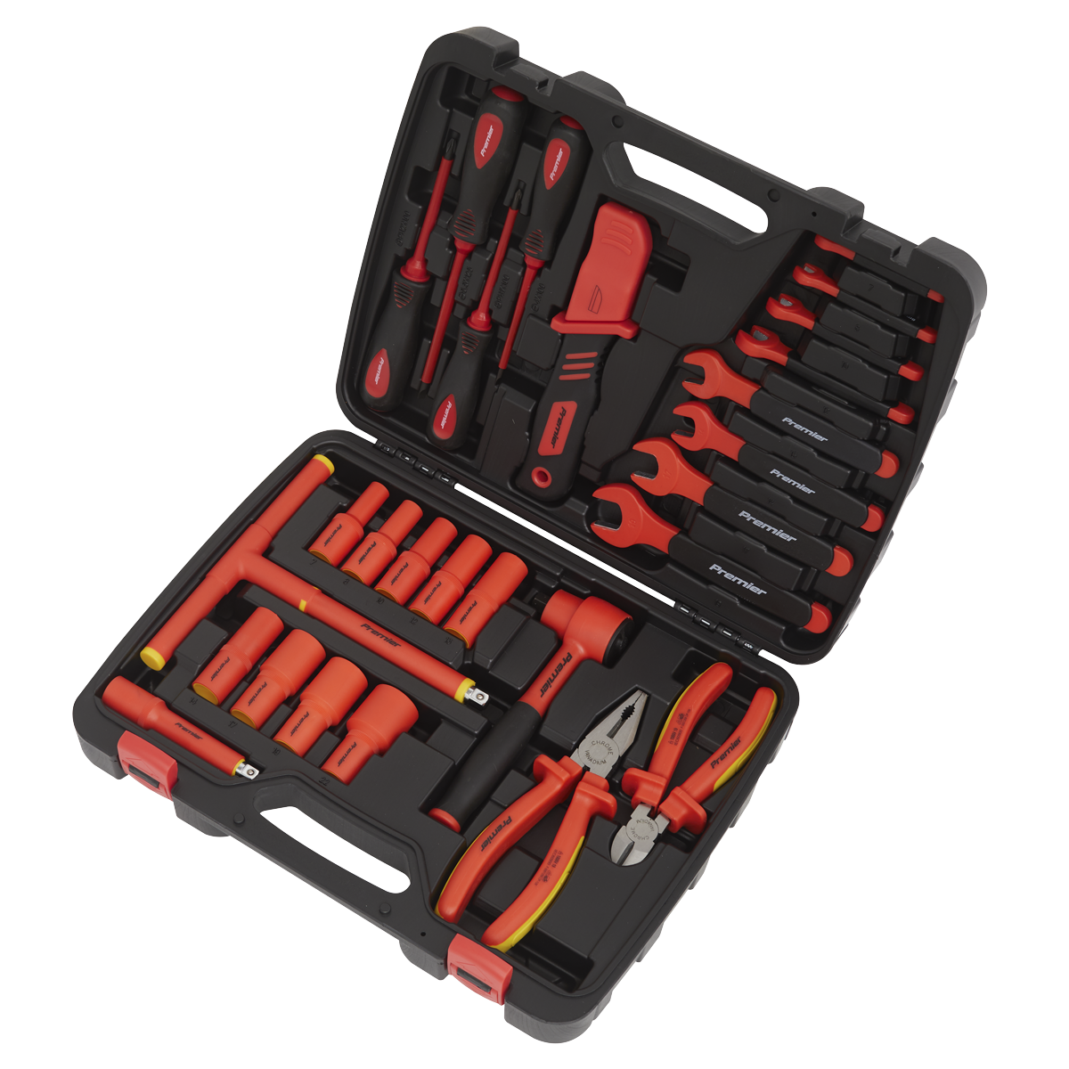 A black and red tool case from Sealey, featuring the 1000V Insulated Tool Kit 27pc - VDE Approved (AK7945), contains various insulated tools, including pliers, wrenches, and screwdrivers made of durable Chrome Vanadium steel, all neatly organized within designated slots.