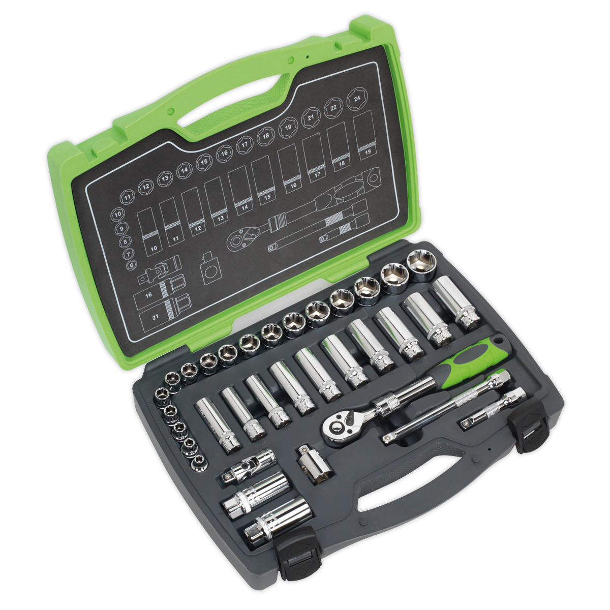 The Sealey Socket Set 34pc 3/8"Sq Drive 6pt WallDrive® Metric - AK7960 is a green and black case that neatly organizes various Chrome Vanadium steel sockets and features a 72-tooth extending ratchet handle.