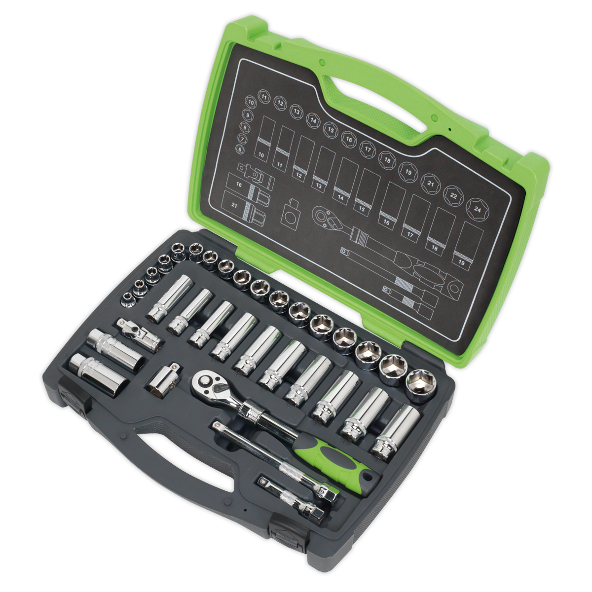 The Sealey Socket Set 34pc 3/8"Sq Drive 6pt WallDrive® Metric - AK7960 is a green and black tool case containing an assortment of professional hand tools, including Chrome Vanadium steel sockets, a 72-tooth extending ratchet wrench, and various attachments. The interior features labeled slots for each tool.