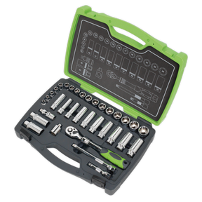 The Sealey Socket Set 34pc 3/8"Sq Drive 6pt WallDrive® Metric - AK7960 is a green and black tool case containing an assortment of professional hand tools, including Chrome Vanadium steel sockets, a 72-tooth extending ratchet wrench, and various attachments. The interior features labeled slots for each tool.