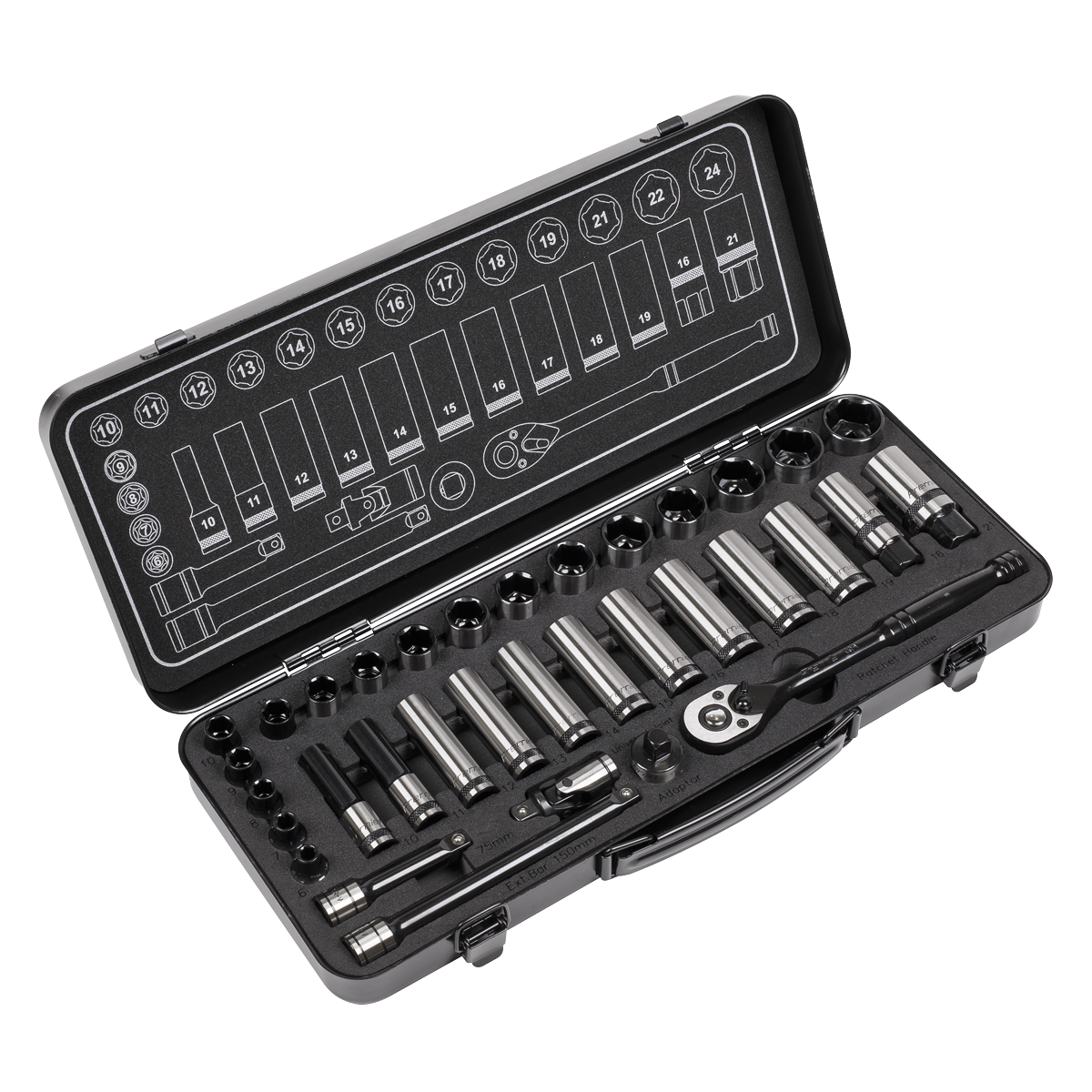 A Sealey Socket Set 34pc 3/8"Sq Drive WallDrive® Metric Black Series - AK7971 tool case open to display a professional socket set with socket wrenches and accessories arranged in specific slots. The labeled compartments hold various sizes and types of tools, including a 72-tooth ratchet wrench. Crafted from durable Chrome Vanadium steel, this set promises longevity and reliability.