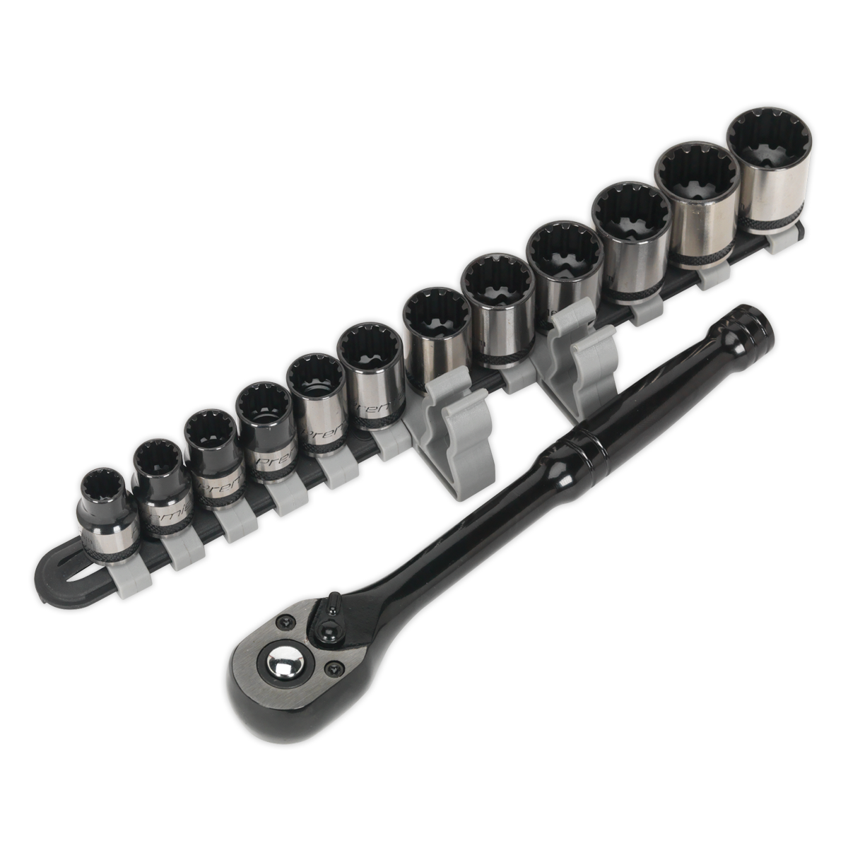 The Sealey Socket Set 13pc 3/8"Sq Drive Total Drive® Metric - Black Series (AK7973) includes a professional 72-tooth ratchet wrench and a set of 12 silver sockets made from Chrome Vanadium steel, all neatly organized on a gray plastic holder.