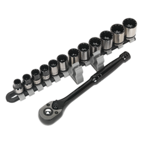 The Sealey Socket Set 13pc 3/8"Sq Drive Total Drive® Metric - Black Series (AK7973) includes a professional 72-tooth ratchet wrench and a set of 12 silver sockets made from Chrome Vanadium steel, all neatly organized on a gray plastic holder.