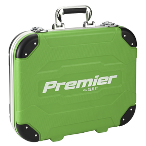 A hard-shell case from Sealey's Mechanic's Tool Kit 144pc Hi-Vis Green (AK7980HV) collection, featuring a silver handle, reinforced corners, and latch closures, ideal for housing Premier Hand Tools and designed for professional use.