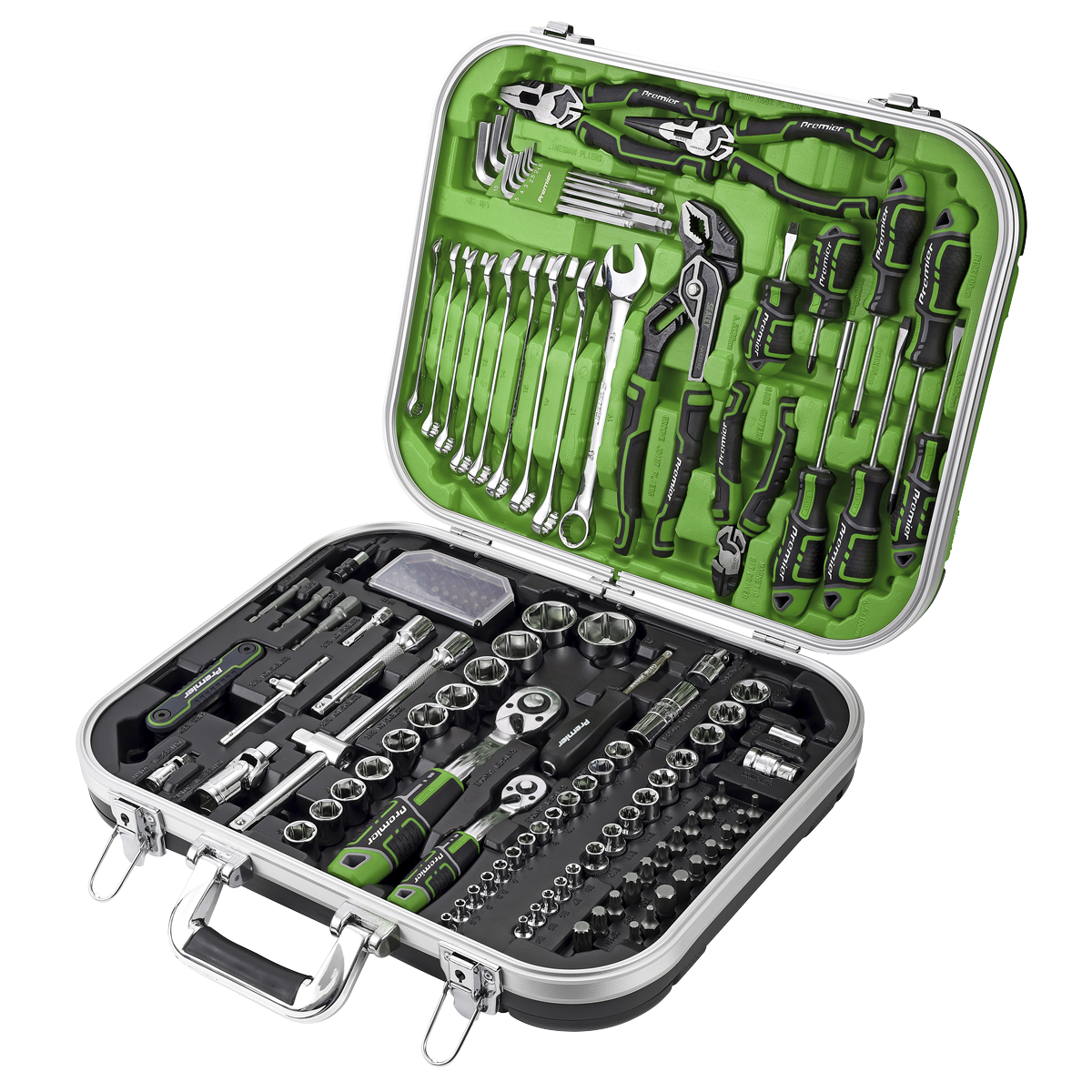 The Sealey Mechanic's Tool Kit 144pc Hi-Vis Green - AK7980HV is the ultimate toolbox for professional use. It includes a comprehensive array of wrenches, sockets, pliers, and screwdrivers in a stylish hi-vis green and black color scheme. The case opens to clearly display all 144 meticulously organized pieces.