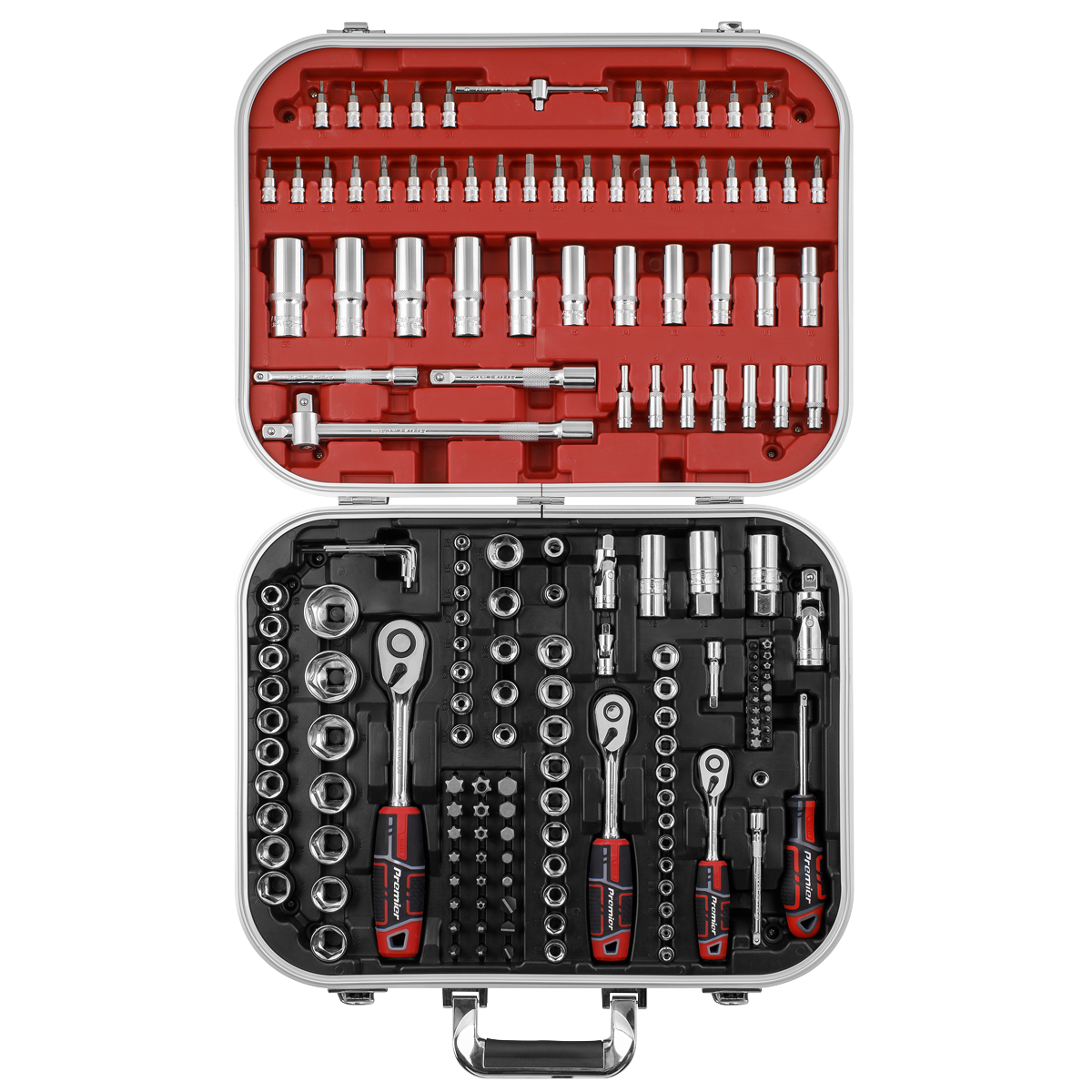 The Sealey Socket Set 172pc 1/4", 3/8" & 1/2"Sq Drive WallDrive® - AK7981 is a professional tool set featuring Chrome Vanadium steel sockets, ratchets, and screwdriver bits. It comes organized in a durable storage case with two layers: the top layer is red and the bottom layer is black.