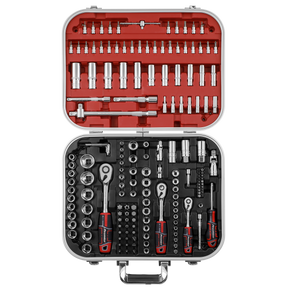 The Sealey Socket Set 172pc 1/4", 3/8" & 1/2"Sq Drive WallDrive® - AK7981 is a professional tool set featuring Chrome Vanadium steel sockets, ratchets, and screwdriver bits. It comes organized in a durable storage case with two layers: the top layer is red and the bottom layer is black.