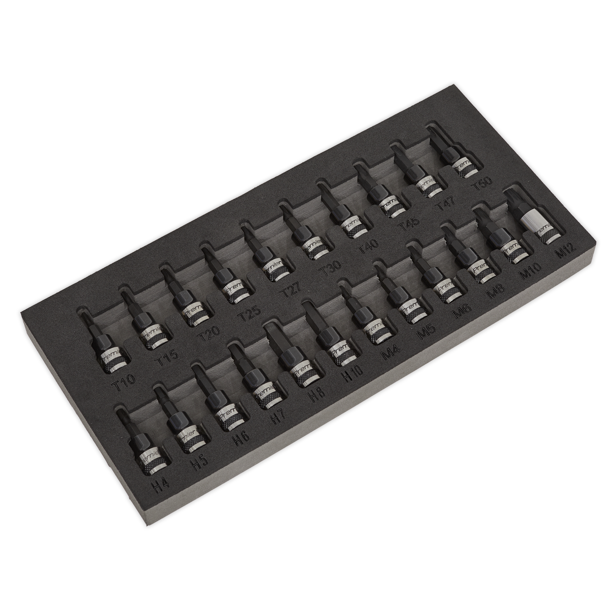 A black plastic tray holding the Sealey TRX-Star*/Hex/Spline Socket Bit Set 22pc 3/8"Sq Drive Black Series - AK7985, featuring S2 Steel hex and TRX-Star bits, each labeled with its respective size.