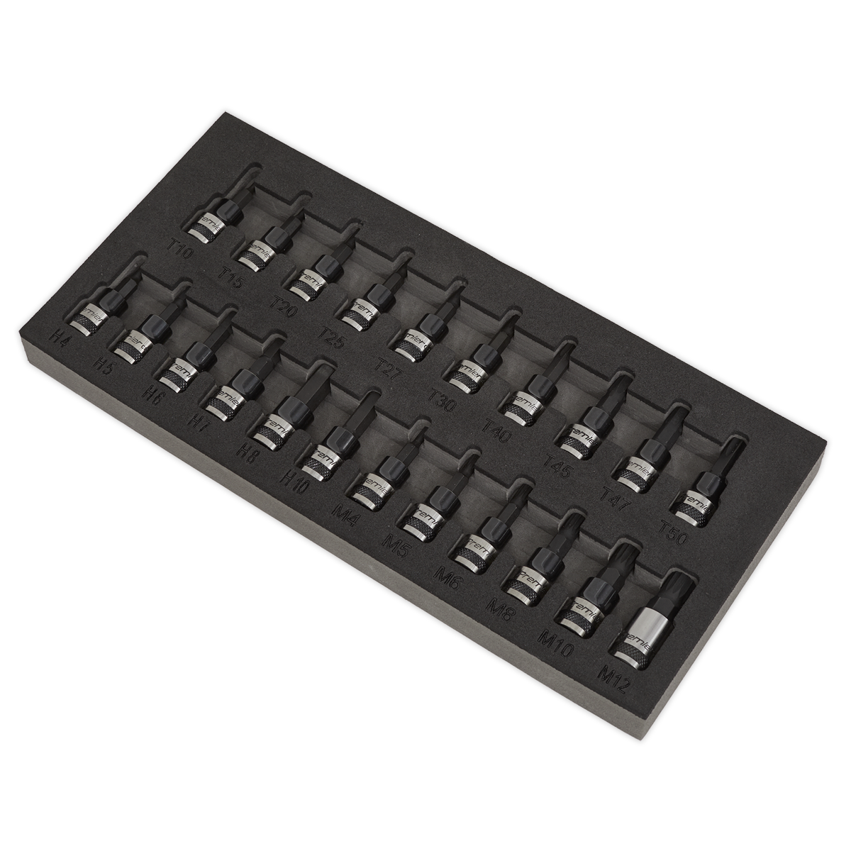 The TRX-Star*/Hex/Spline Socket Bit Set 22pc 3/8"Sq Drive Black Series - AK7985 from Sealey contains 18 labeled hex key socket bits made of durable Chrome Vanadium steel, organized in three rows. Each bit has a specific size marking for easy identification.