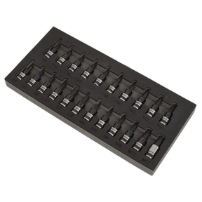 The TRX-Star*/Hex/Spline Socket Bit Set 22pc 3/8"Sq Drive Black Series - AK7985 from Sealey contains 18 labeled hex key socket bits made of durable Chrome Vanadium steel, organized in three rows. Each bit has a specific size marking for easy identification.