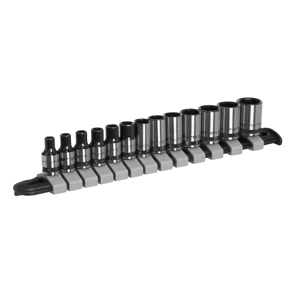 A set of Sealey Socket Set 13pc 1/4"Sq Drive Metric - Black Series (AK7990) socket wrenches of varying sizes arranged in a holder. The sockets, made from Chrome Vanadium steel for corrosion resistance, are lined up from smallest to largest on a grey and black rack.