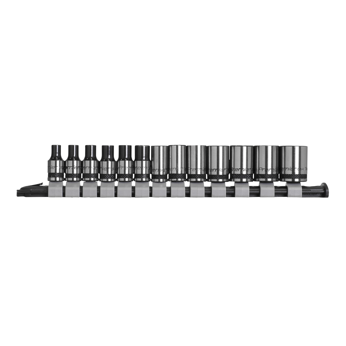 A side view of the Sealey Socket Set 13pc 1/4"Sq Drive Metric - Black Series - AK7990 showcases an array of chrome vanadium steel socket wrenches in various sizes, neatly arranged on a black rail for superior corrosion resistance.